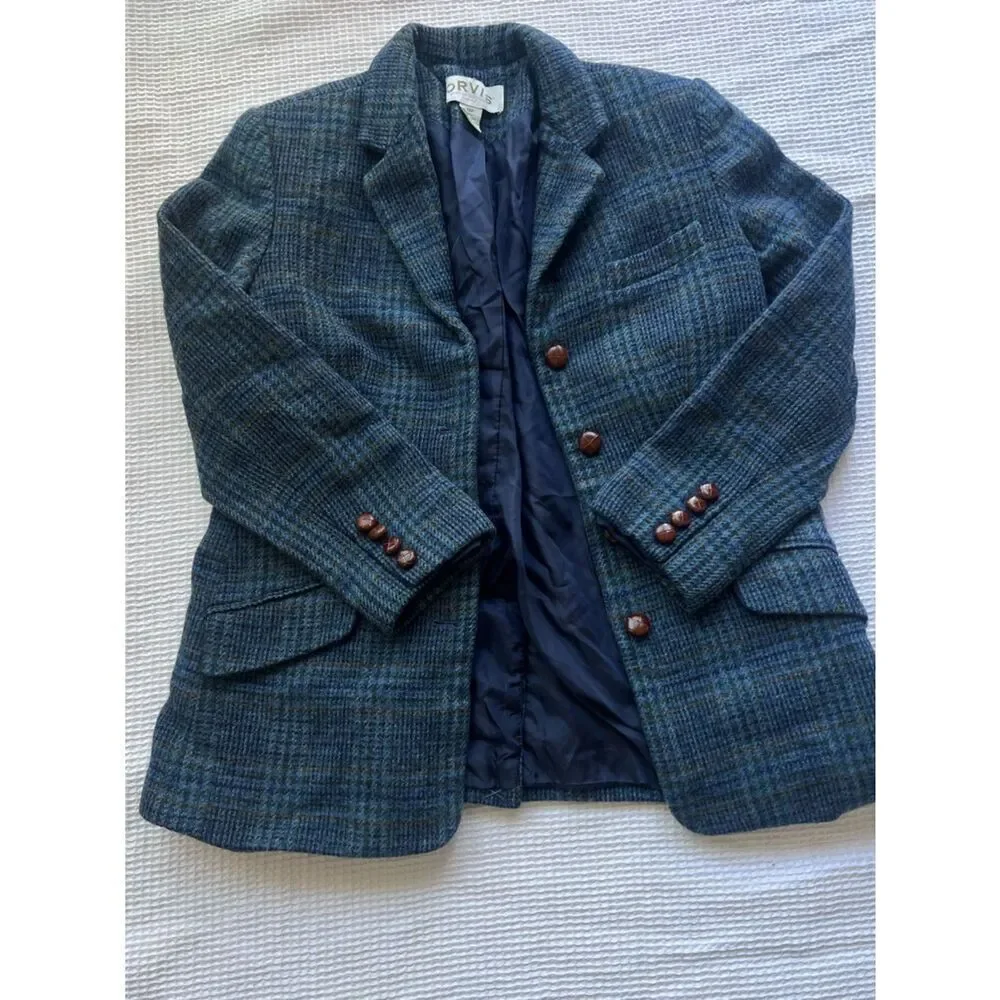 ORVIS Blue Plaid Petite 100% Wool Preppy Acdemia Blazer 14P